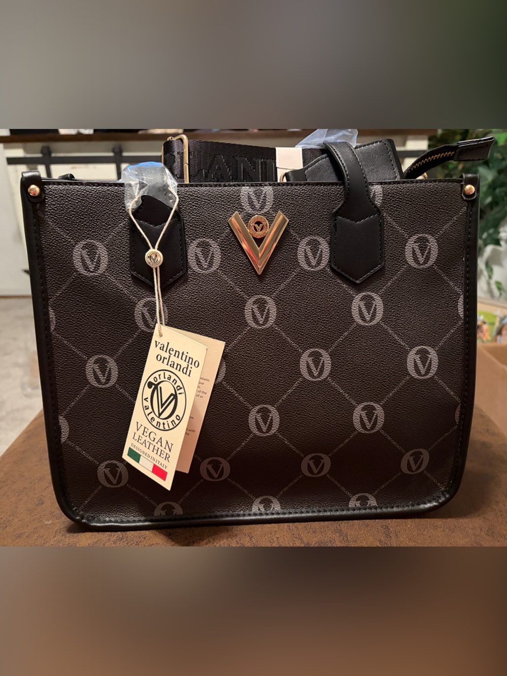 Valentino Orlandi Black Logo Tote with Gold Accent